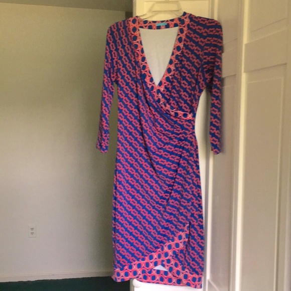 J. McLaughlin Faux Wrap Dress Blue/Pink Links XS